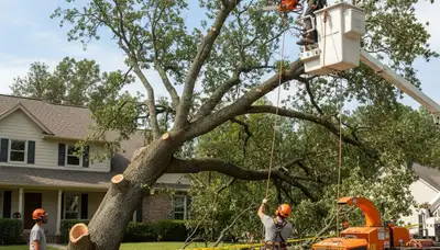 Emergency tree service crew removing storm-damaged trees in New Port Richey, FL
