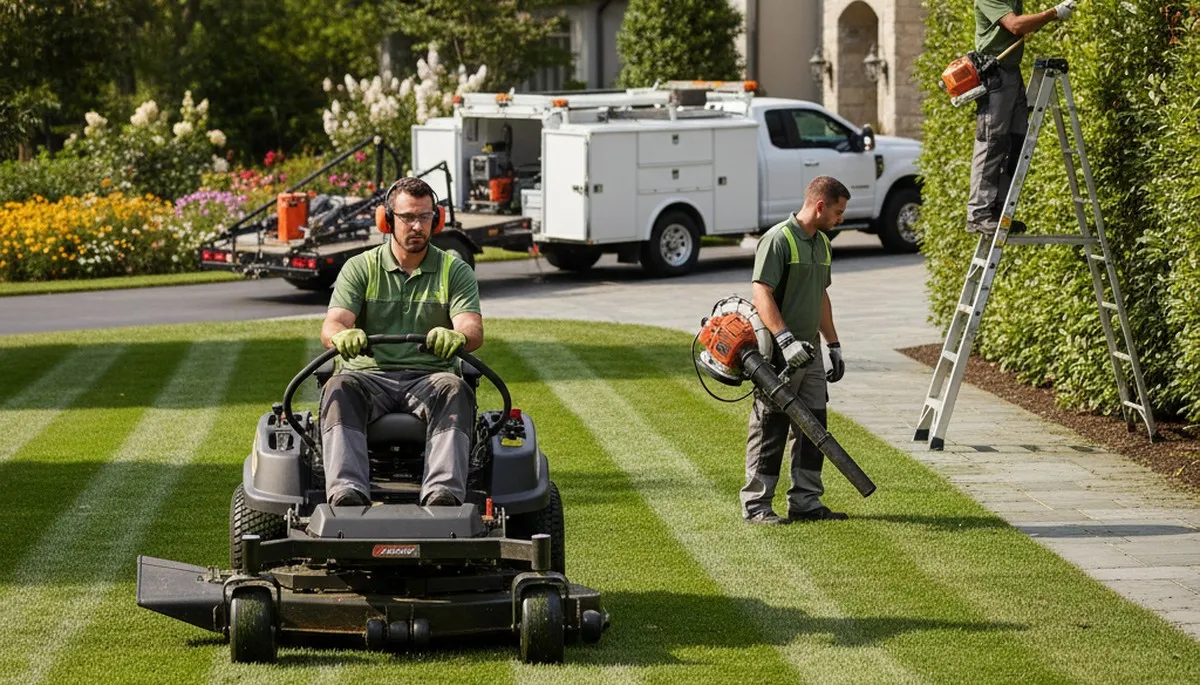 Lawn care team maintaining a healthy yard in New Port Richey, FL for a tree-service business