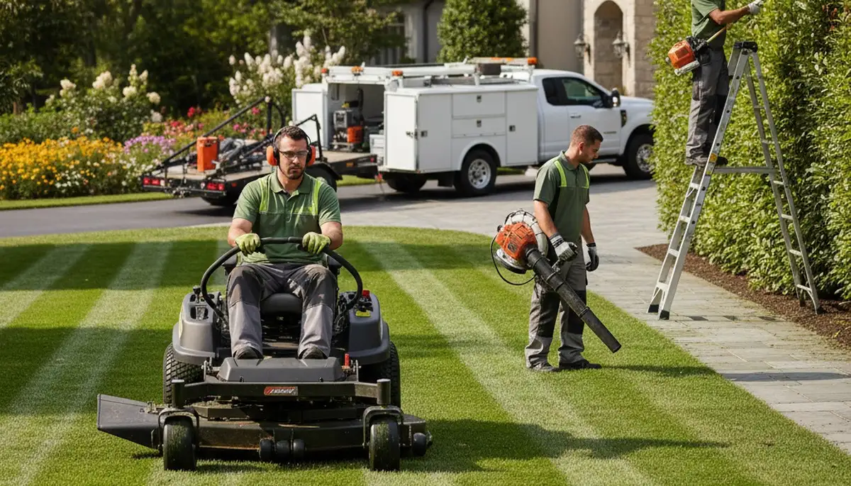 Lawn care team maintaining a healthy yard in New Port Richey, FL for a tree-service business