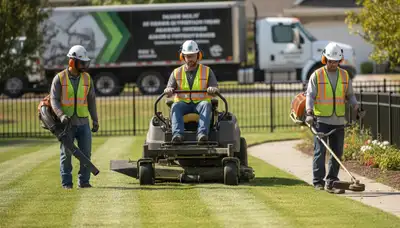 Lawn service team in New Port Richey, FL providing mowing, edging, and yard cleanup