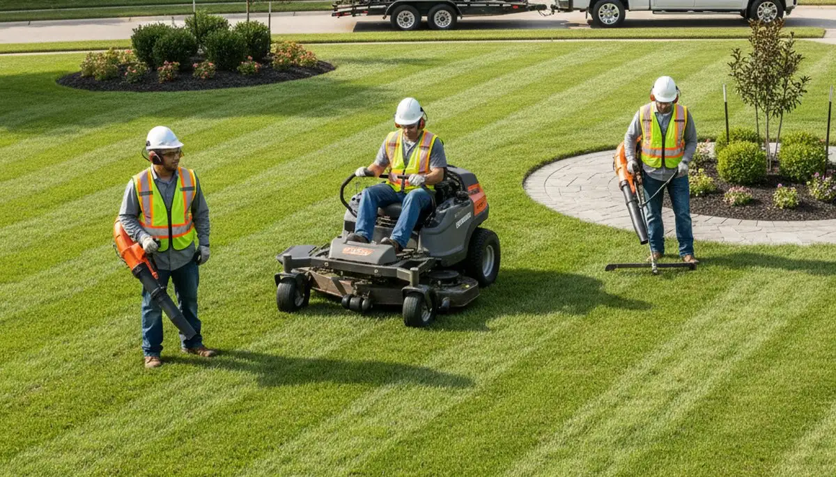 Lawn service team in New Port Richey, FL providing mowing, edging, and yard cleanup for Arbor Tree Care