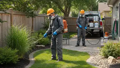 Tick control service technician treating a yard in New Port Richey, FL for families and pets
