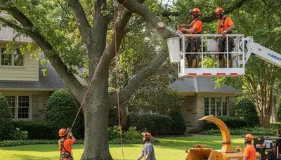 Tree removal crew in New Port Richey, FL safely removing a hazardous tree
