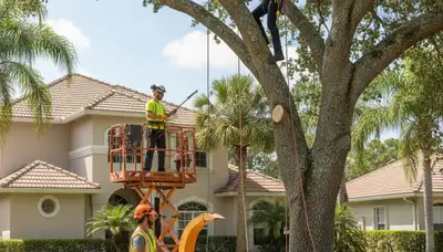 Tree service crew in New Port Richey, FL removing a tree for a local property cleanup