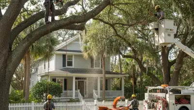 Tree service crew trimming trees in New Port Richey, FL for safe, professional property care