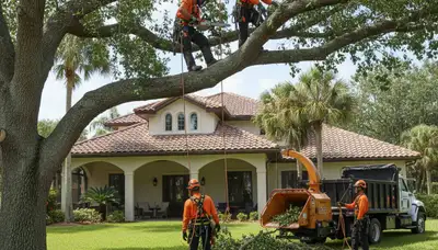 Tree service crew in New Port Richey, FL trimming and removing trees for a safe property landscape
