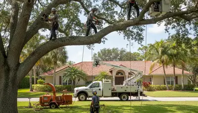 Tree service crew in New Port Richey, FL trimming trees for safe, professional property maintenance