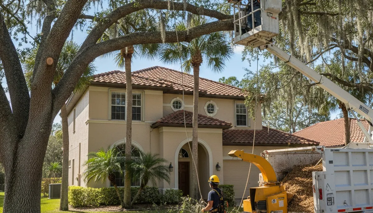 Tree service crew in New Port Richey, FL trimming trees for safe, professional property care