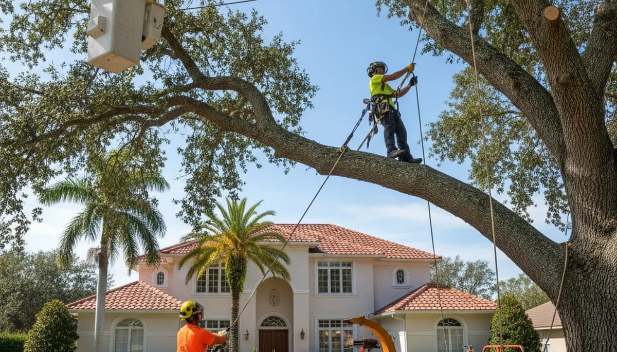 Tree service crew in New Port Richey, FL trimming and removing trees for a local property