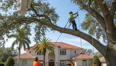Tree service crew in New Port Richey, FL trimming and removing trees for a local property