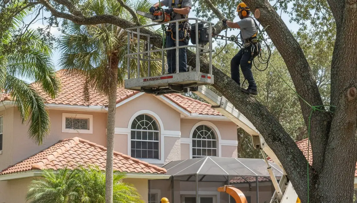 Tree service crew in New Port Richey, FL trimming and removing trees for a local property