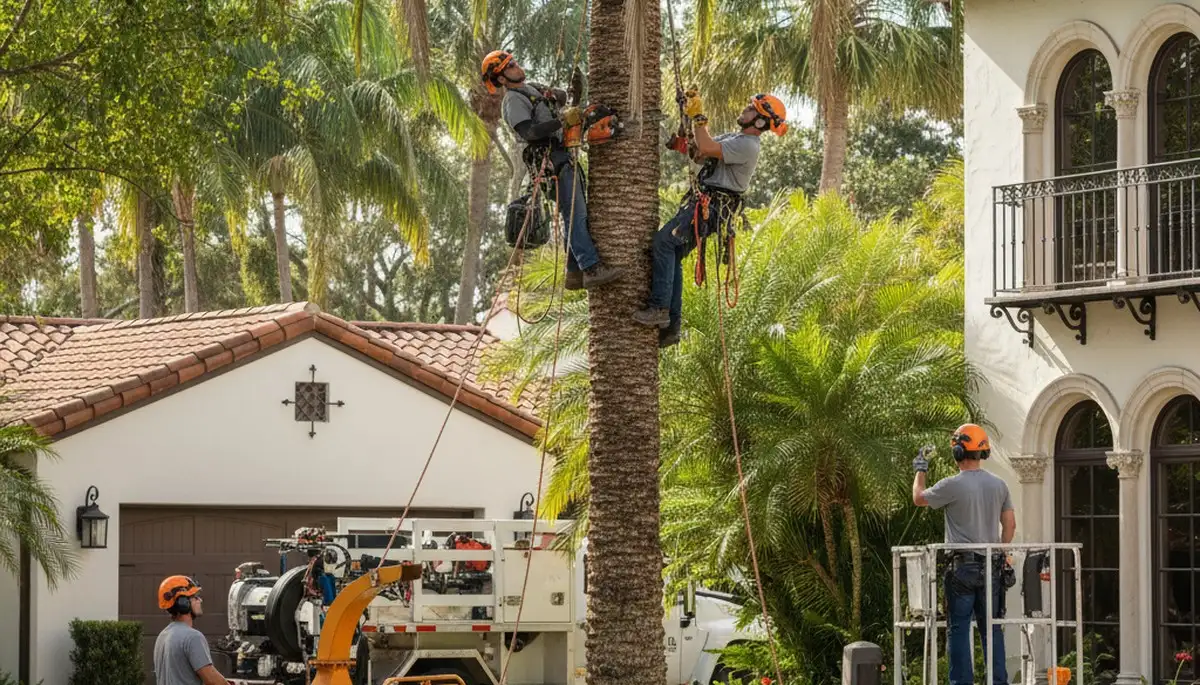 Tree service crew in New Port Richey, FL handling tree trimming and removal for a local property