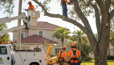 Tree service crew in New Port Richey, FL trimming and removing trees for a local property