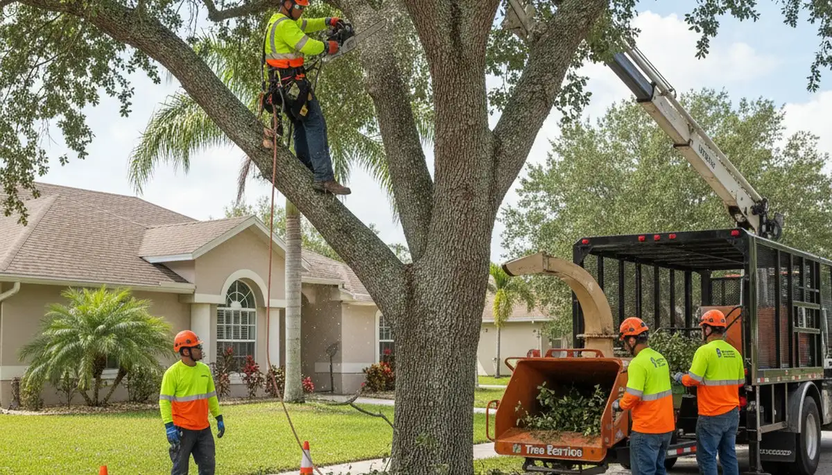 Tree service crew in New Port Richey, FL trimming and removing a tree for a local property