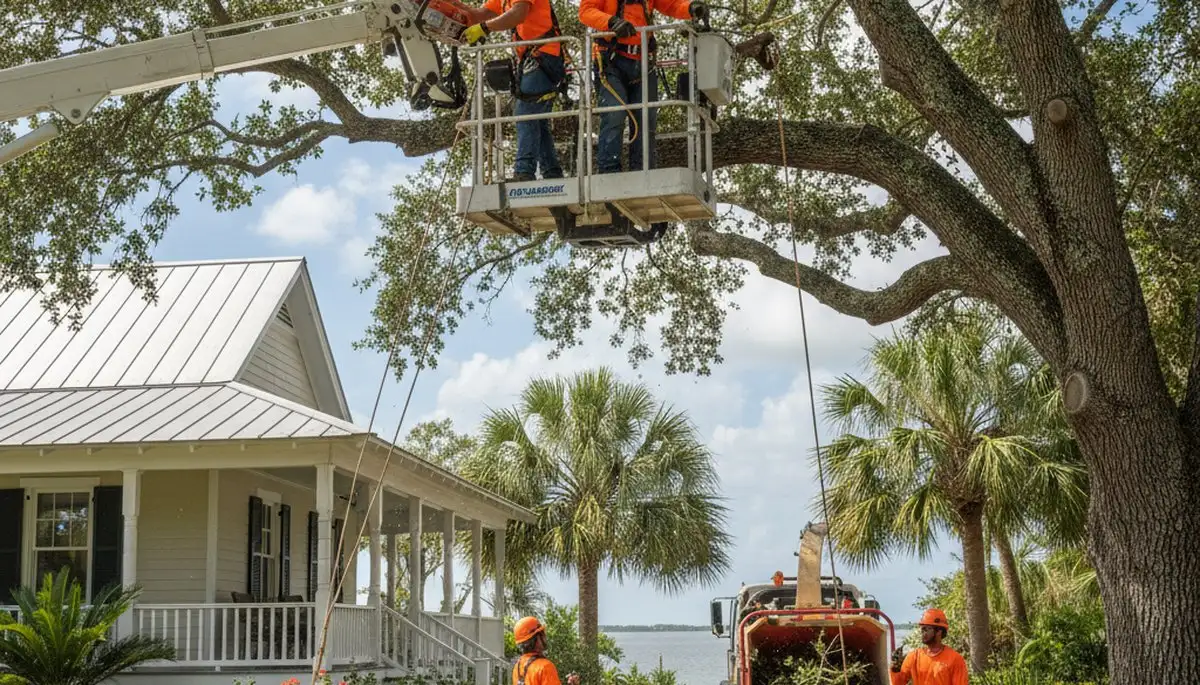 Tree service crew in New Port Richey, FL trimming and removing trees for a local property